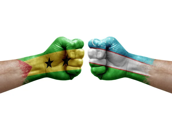 Two Hands Punch Each Others White Background Country Flags Painted — Stockfoto