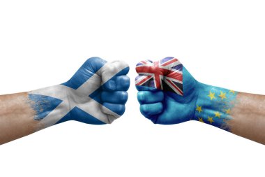 Two hands punch to each others on white background. Country flags painted fists, conflict crisis concept between scotland and tuvalu
