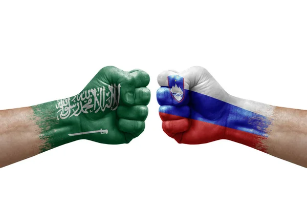 Two Hands Punch Each Others White Background Country Flags Painted — Stockfoto