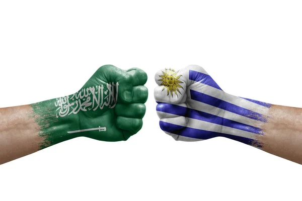 Two Hands Punch Each Others White Background Country Flags Painted — Stok fotoğraf