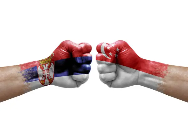 Two Hands Punch Each Others White Background Country Flags Painted — Stockfoto