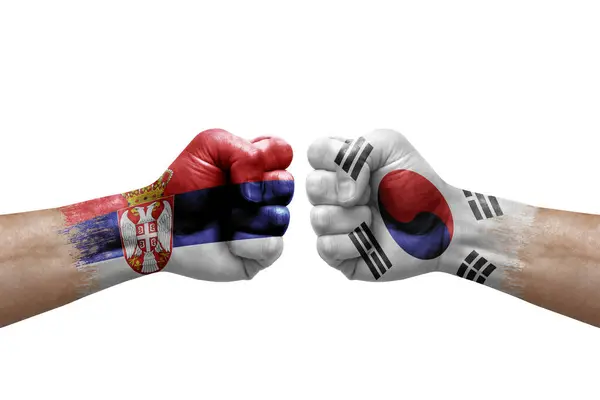 Two Hands Punch Each Others White Background Country Flags Painted — Fotografia de Stock