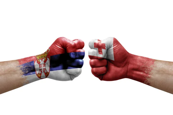 Two Hands Punch Each Others White Background Country Flags Painted — Stockfoto