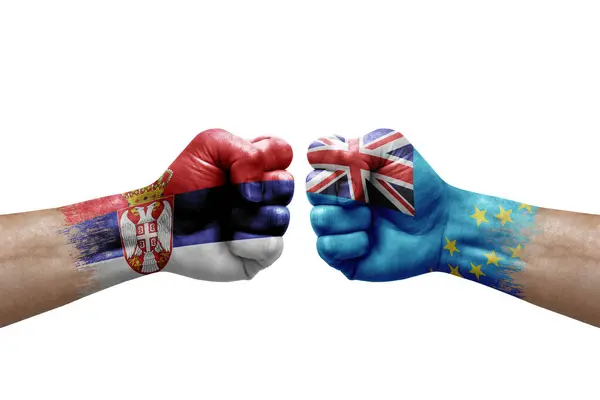 Two Hands Punch Each Others White Background Country Flags Painted — Stockfoto