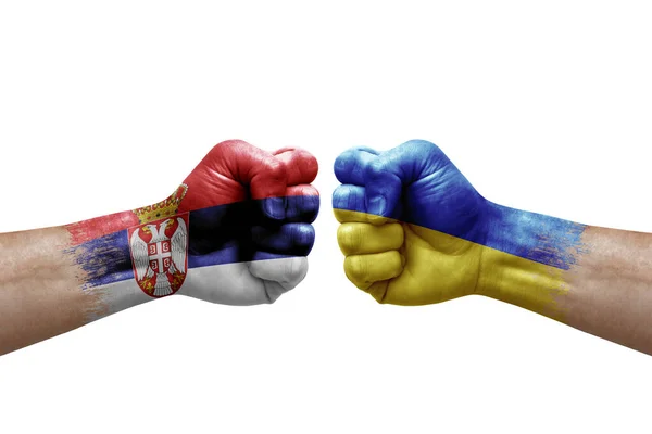 Two Hands Punch Each Others White Background Country Flags Painted — Stock fotografie