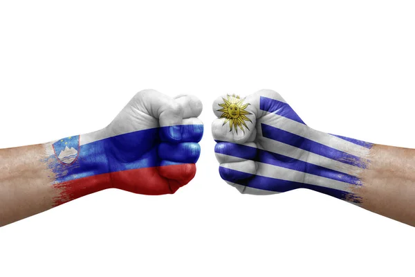 Two Hands Punch Each Others White Background Country Flags Painted — Foto de Stock