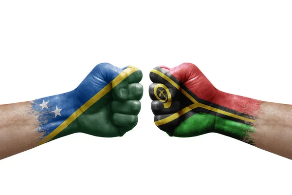 Two Hands Punch Each Others White Background Country Flags Painted — Stok fotoğraf