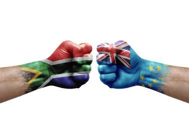 Two hands punch to each others on white background. Country flags painted fists, conflict crisis concept between south africa and tuvalu