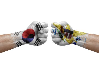 Two hands punch to each others on white background. Country flags painted fists, conflict crisis concept between south korea and virgin islands