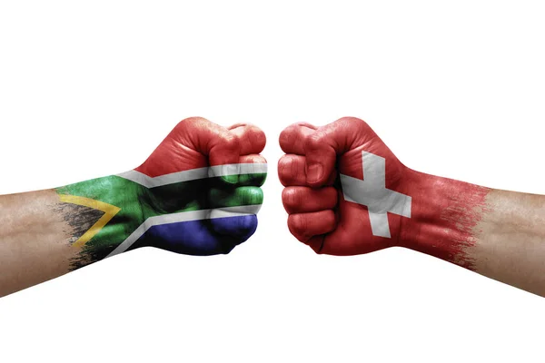 Two Hands Punch Each Others White Background Country Flags Painted — Stock fotografie