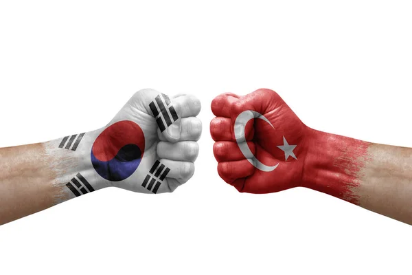 Two Hands Punch Each Others White Background Country Flags Painted — Stockfoto