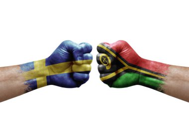 Two hands punch to each others on white background. Country flags painted fists, conflict crisis concept between sweden and vanuatu