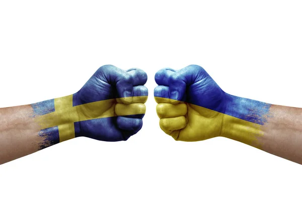 Two Hands Punch Each Others White Background Country Flags Painted — Foto Stock