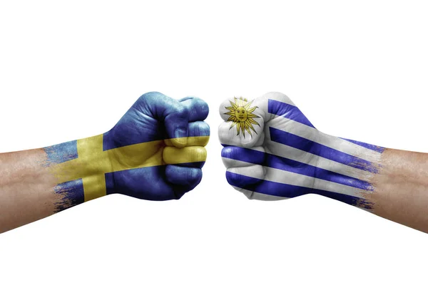 Две Руки Бьют Друг Друга Белом Фоне Флаги Страны Раскрашены — стоковое фото