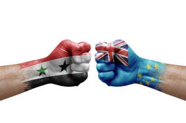 Two hands punch to each others on white background. Country flags painted fists, conflict crisis concept between syria and tuvalu