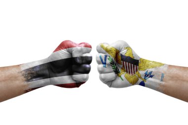 Two hands punch to each others on white background. Country flags painted fists, conflict crisis concept between thailand and virgin islands