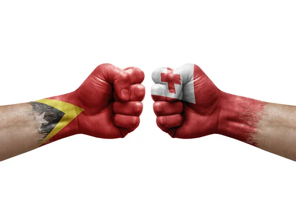 Two Hands Punch Each Others White Background Country Flags Painted — Foto Stock