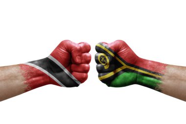 Two hands punch to each others on white background. Country flags painted fists, conflict crisis concept between trinidad tobago and vanuatu
