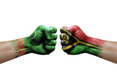 Two hands punch to each others on white background. Country flags painted fists, conflict crisis concept between turkmenistan and vanuatu