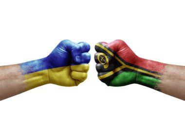Two hands punch to each others on white background. Country flags painted fists, conflict crisis concept between ukraine and vanuatu
