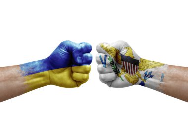 Two hands punch to each others on white background. Country flags painted fists, conflict crisis concept between ukraine and virgin islands