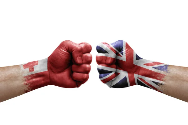Две Руки Бьют Друг Друга Белом Фоне Флаги Стран Раскрашенные — стоковое фото