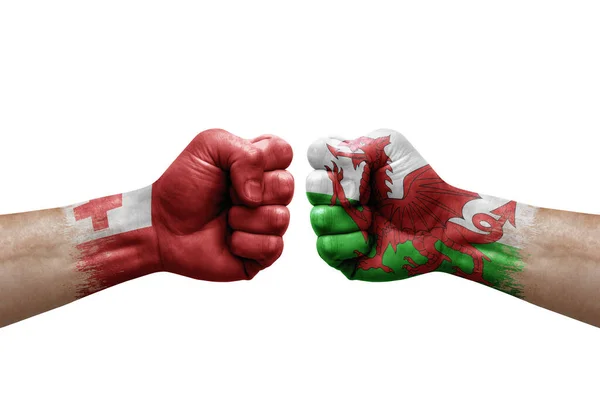 Two Hands Punch Each Others White Background Country Flags Painted — Fotografia de Stock