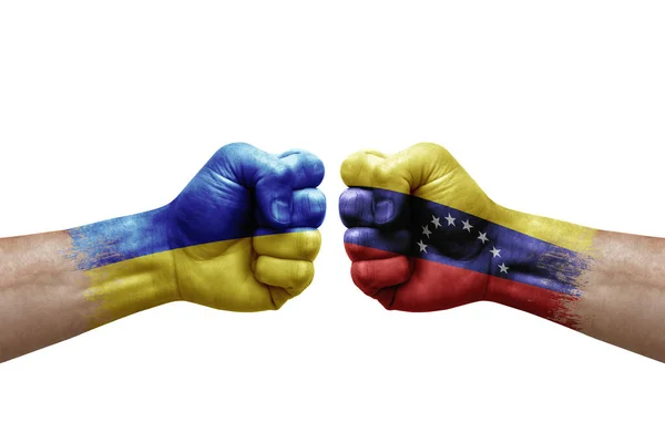 Two Hands Punch Each Others White Background Country Flags Painted — Stockfoto