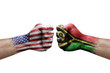 Two hands punch to each others on white background. Country flags painted fists, conflict crisis concept between usa and vanuatu