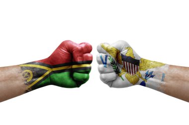 Two hands punch to each others on white background. Country flags painted fists, conflict crisis concept between vanuatu and virgin islands