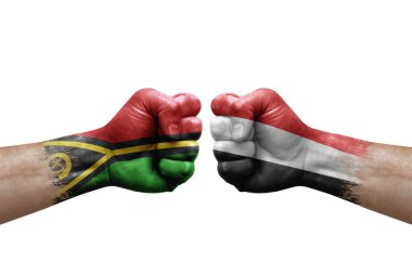 Two hands punch to each others on white background. Country flags painted fists, conflict crisis concept between vanuatu and yemen
