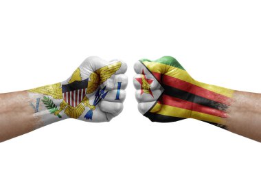 Two hands punch to each others on white background. Country flags painted fists, conflict crisis concept between virgin islands and zimbabwe