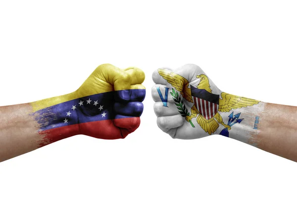 Two Hands Punch Each Others White Background Country Flags Painted — Stock Photo, Image