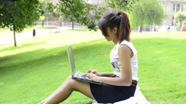 iş kadını ile bilgisayar parkta yürüyüş.