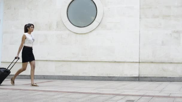 Joven empresaria caminando con equipaje . — Vídeos de Stock