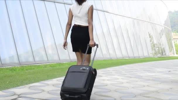 Młoda kobieta spaceru z bagażem. — Wideo stockowe