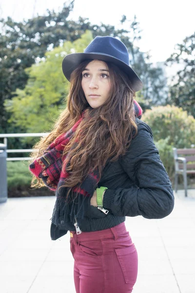 Portrait of attractive girl with hat, outdoor. — Stock Photo, Image