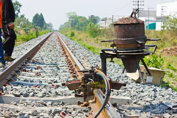 Welding tracks,thermit rail welding. — Stock Photo, Image