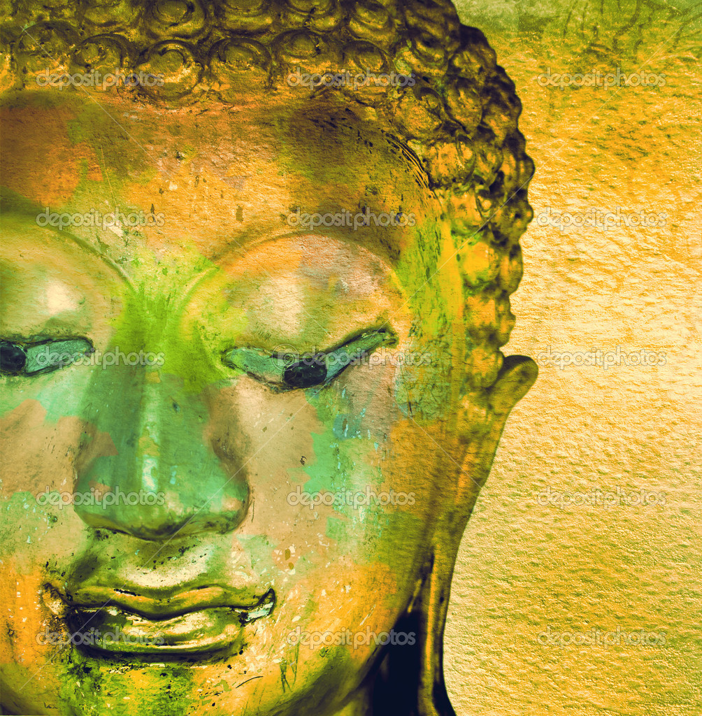 Buddha gold statue on golden background patterns Thailand. Stock Photo