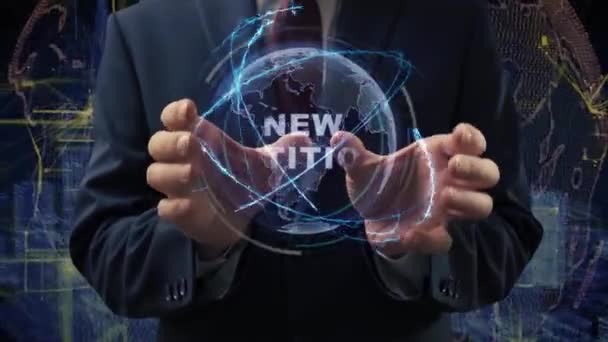 Mãos masculinas ativam holograma Nova petição — Vídeo de Stock