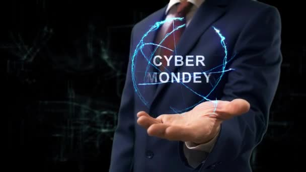 Podnikatel ukazuje koncept hologram kybernetické pondělí — Stock video