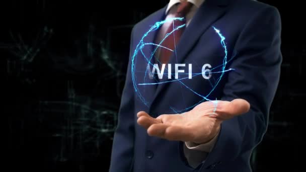 Uomo d'affari mostra concetto ologramma WiFi 6 — Video Stock
