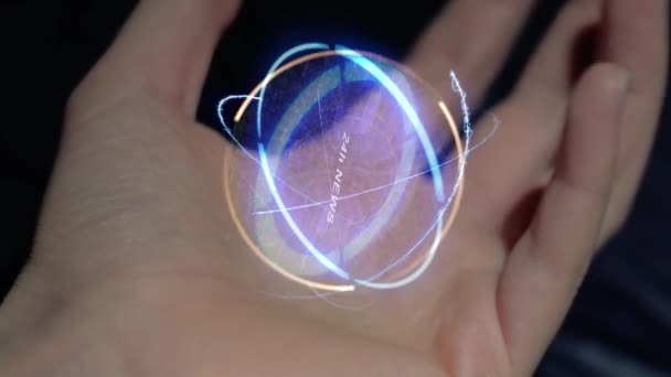 24H News Text Conceptual Hologram Female Hand Close Hand Black — Stock video