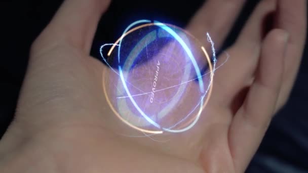 Goedgekeurde Tekst Een Rond Conceptueel Hologram Een Vrouwelijke Hand Close — Stockvideo