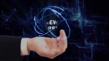 Boyalı el konsept hologram yeni kariyer gösteriyor. Gelecekteki teknoloji ekranı ve modern kozmik geçmişi olan takım elbiseli bir adam.