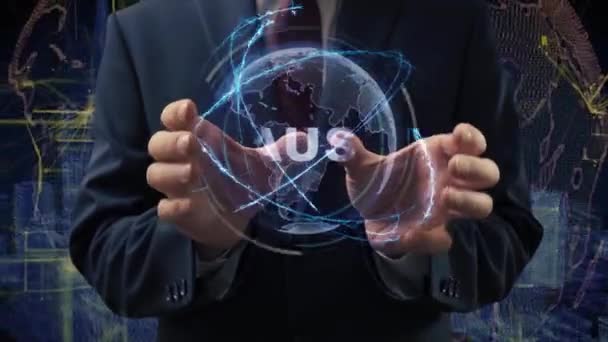Male Hands Activate Conceptual Holographic Text Pause Businessman Suit Hologram — Video