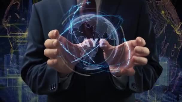 Male Hands Activate Conceptual Holographic Text Player Businessman Suit Hologram — Video Stock