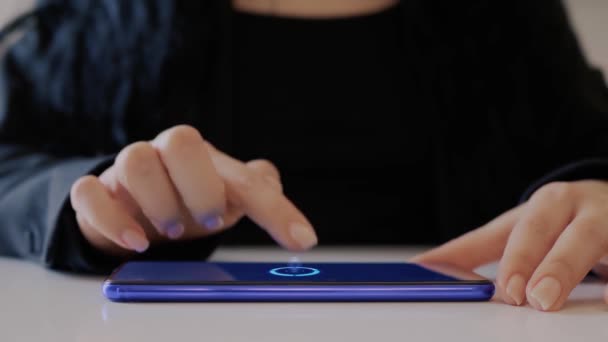 Female Hand Interacts Hud Hologram Text Wifi Woman Black Uses — стоковое видео