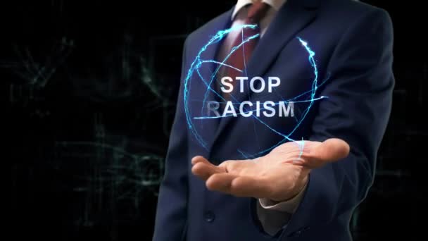 Businessman Shows Concept Hologram Stop Racism His Hand Man Business — ストック動画