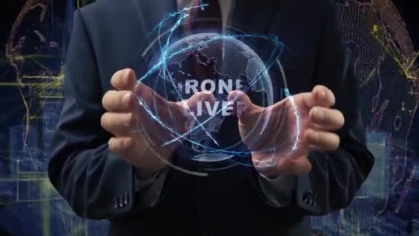 Male Hands Activate Conceptual Holographic Text Drone Delivery Businessman Suit — 图库视频影像